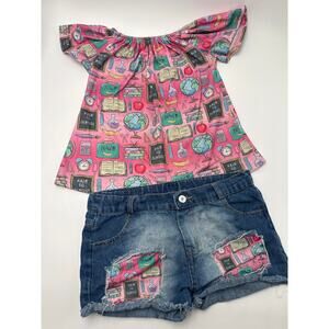 Sparkle in Pink Girls 2 Pc Outfit Denim Shorts & Pink Print Top Size 3XL 8/9